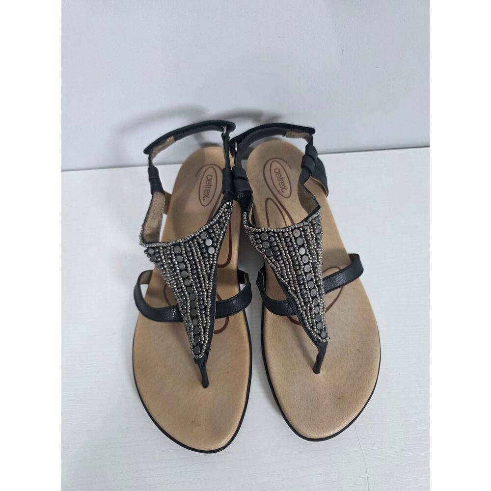 Aetrex Women’s 39 8.5 Black Leather Beaded Sandals Comfort Thong Boho Casual